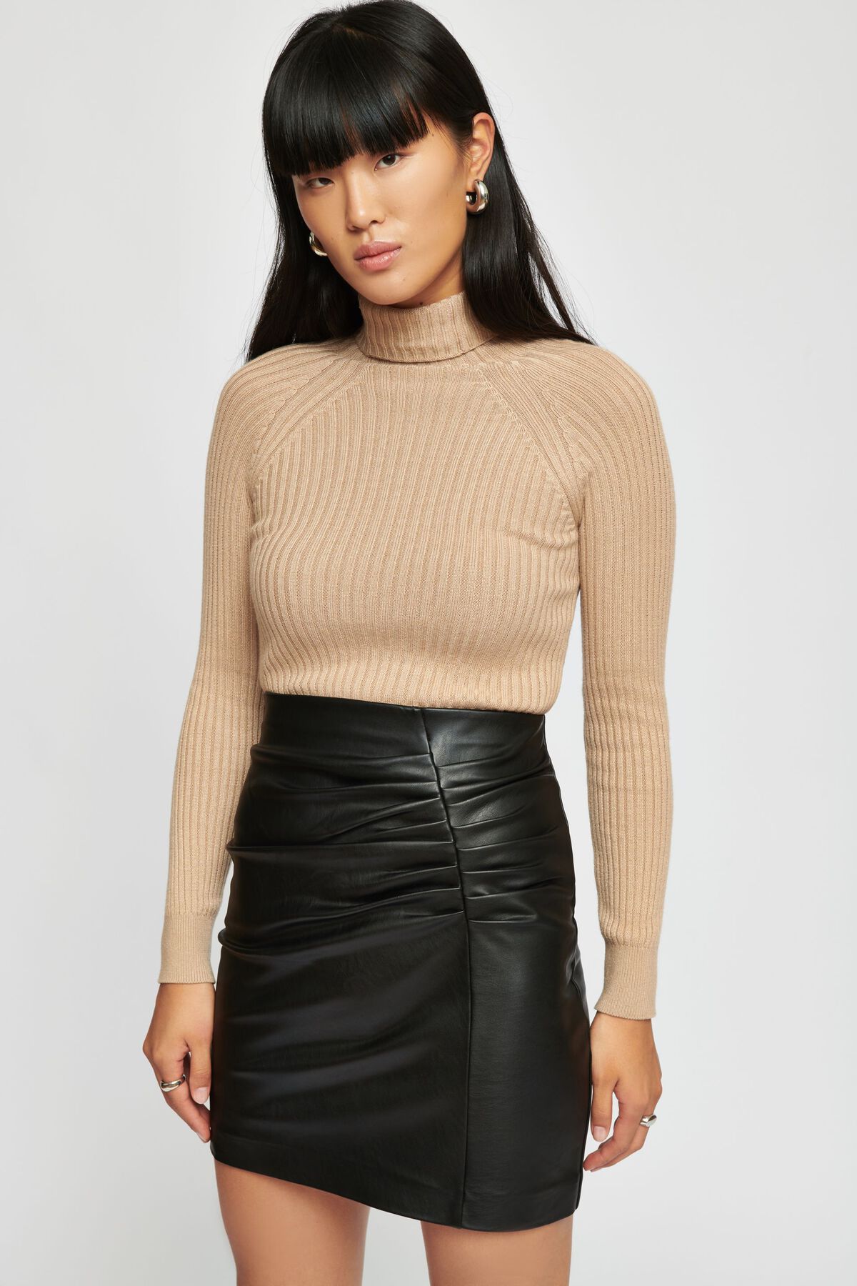 Ruched Faux Leather Mini Skirt Dynamite