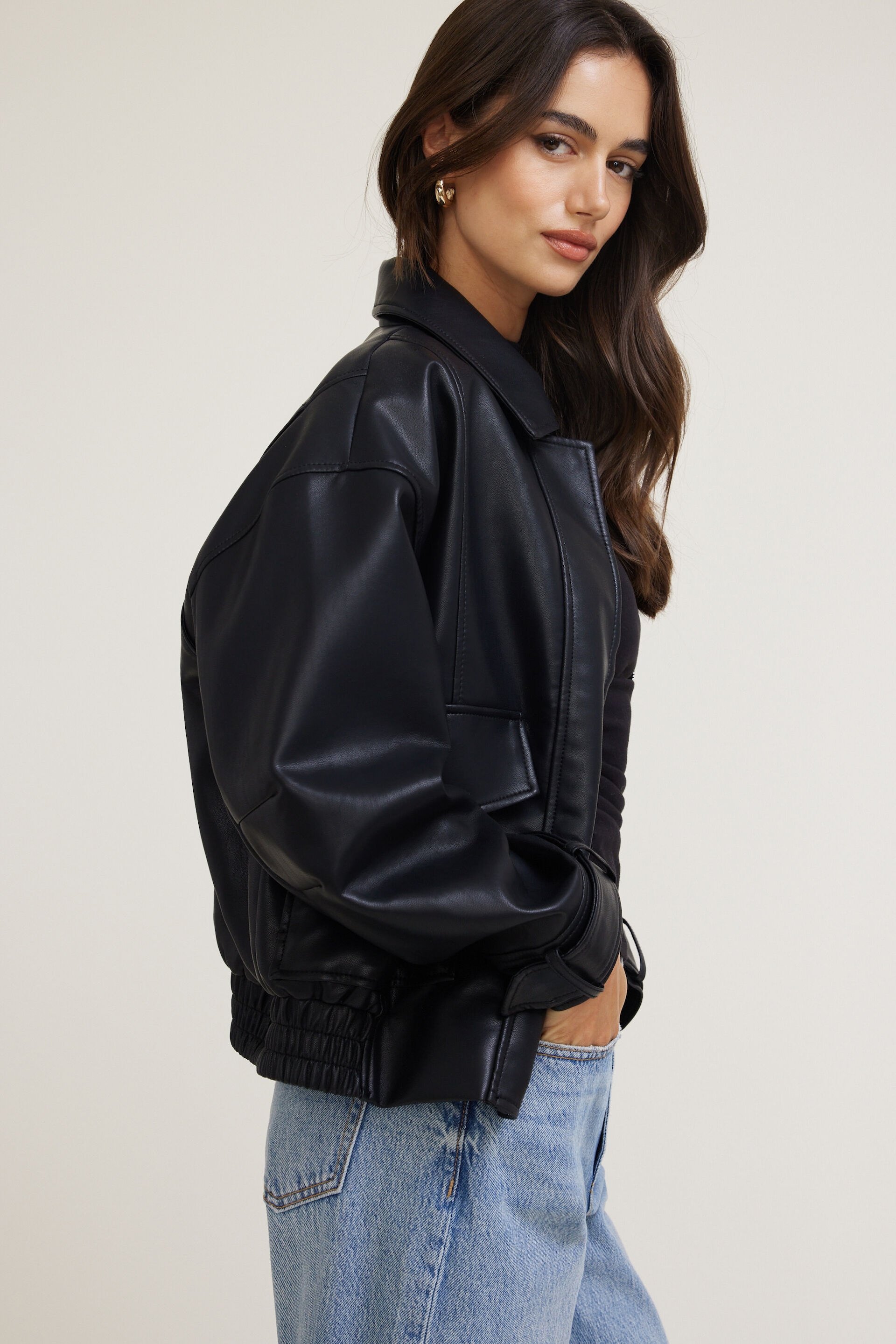 Oversized Faux Leather Aviator Jacket