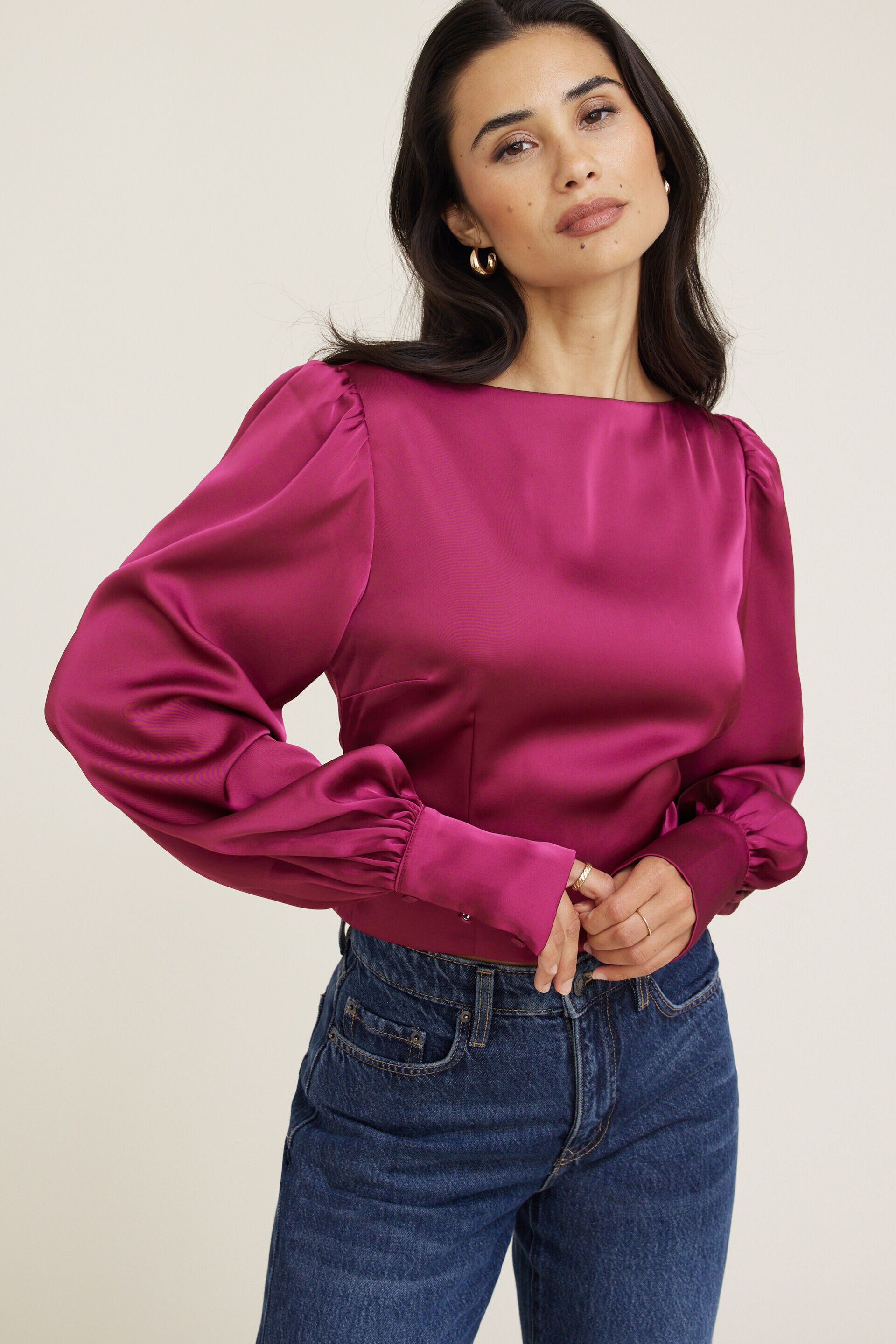 Faye Cropped Boat Neck Satin Blouse
