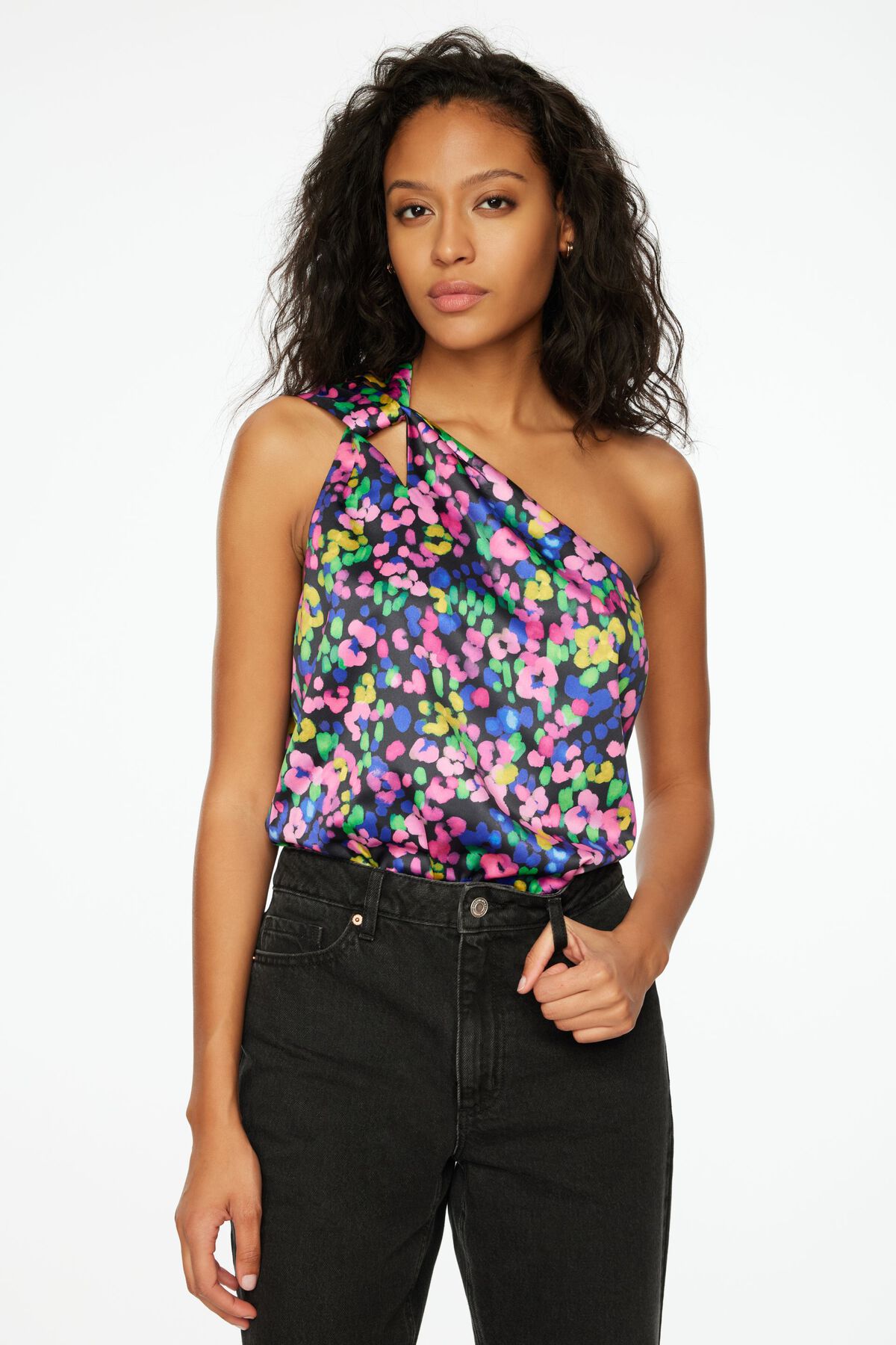 Dynamite One Shoulder Satin Bodysuit. 1