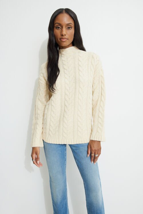 Cable Knit Mock Neck Sweater Beige Dynamite