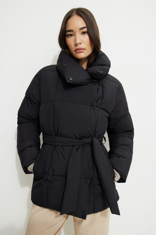Dynamite Coats & Jackets Belted Midi Puffer Jacket in Jet Black
