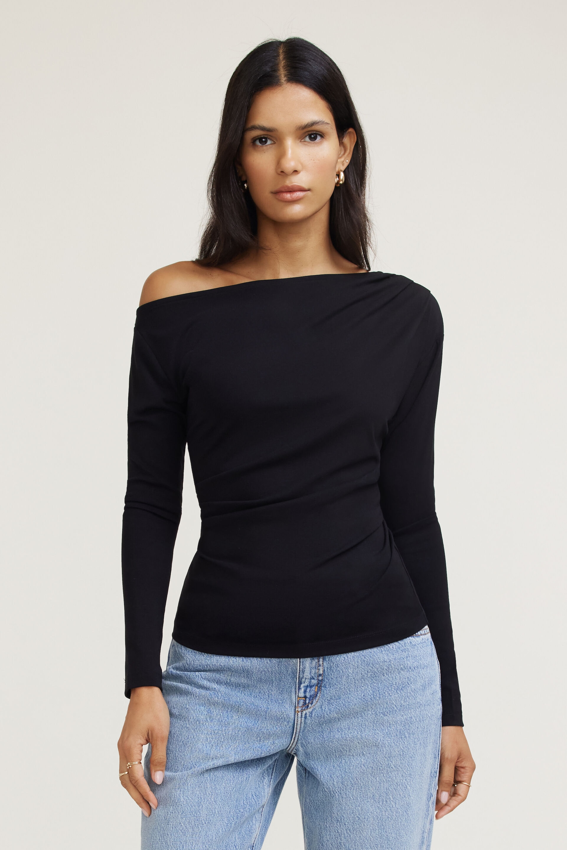 Draped Off Shoulder Long Sleeve Top