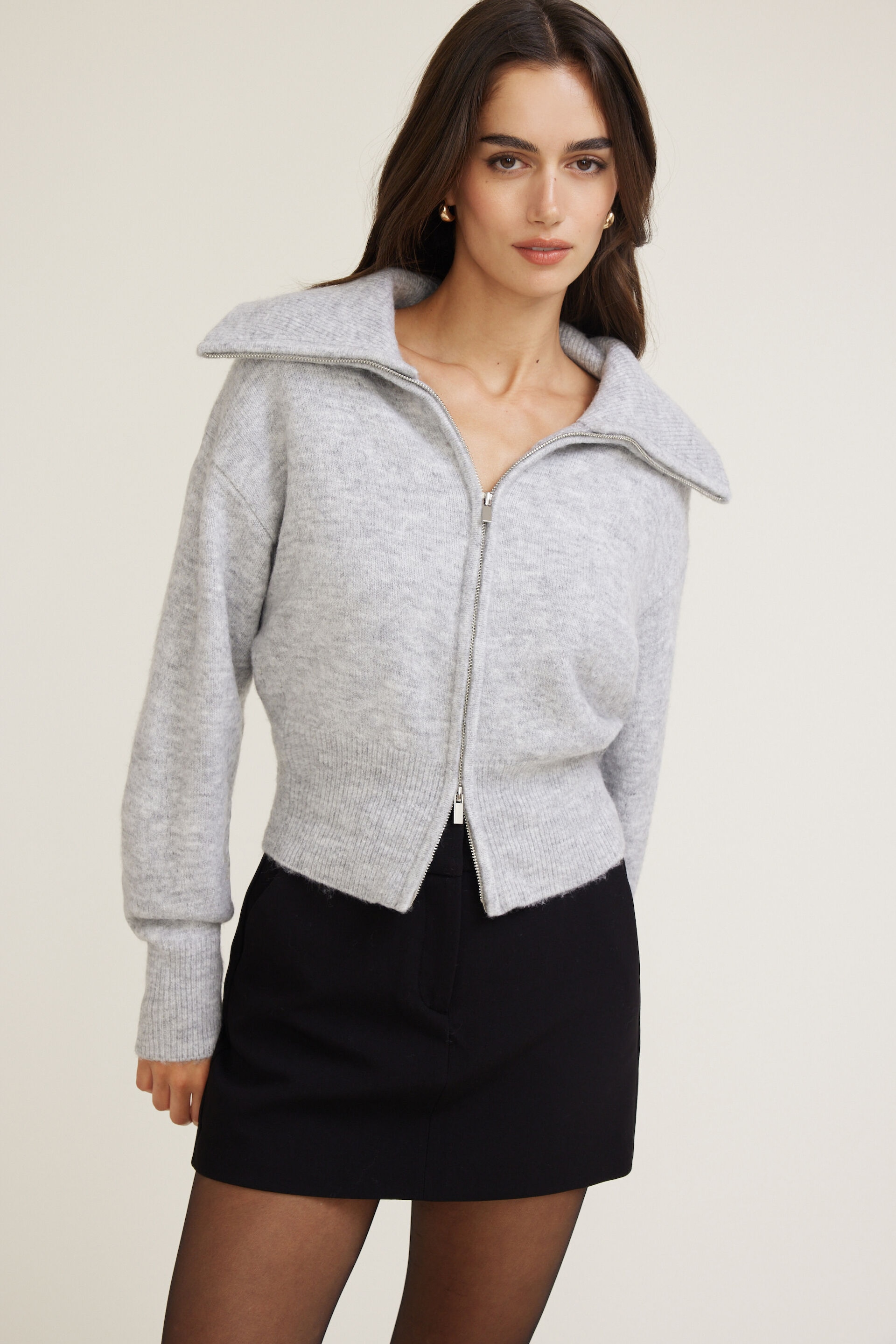 Wide Collar Zip Up Cardigan