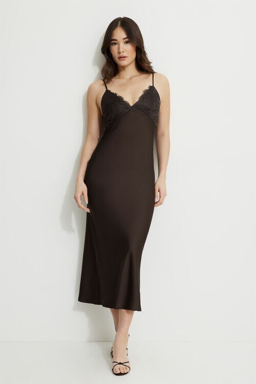 Sage Lace Trim Satin Maxi Dress Brown Dynamite