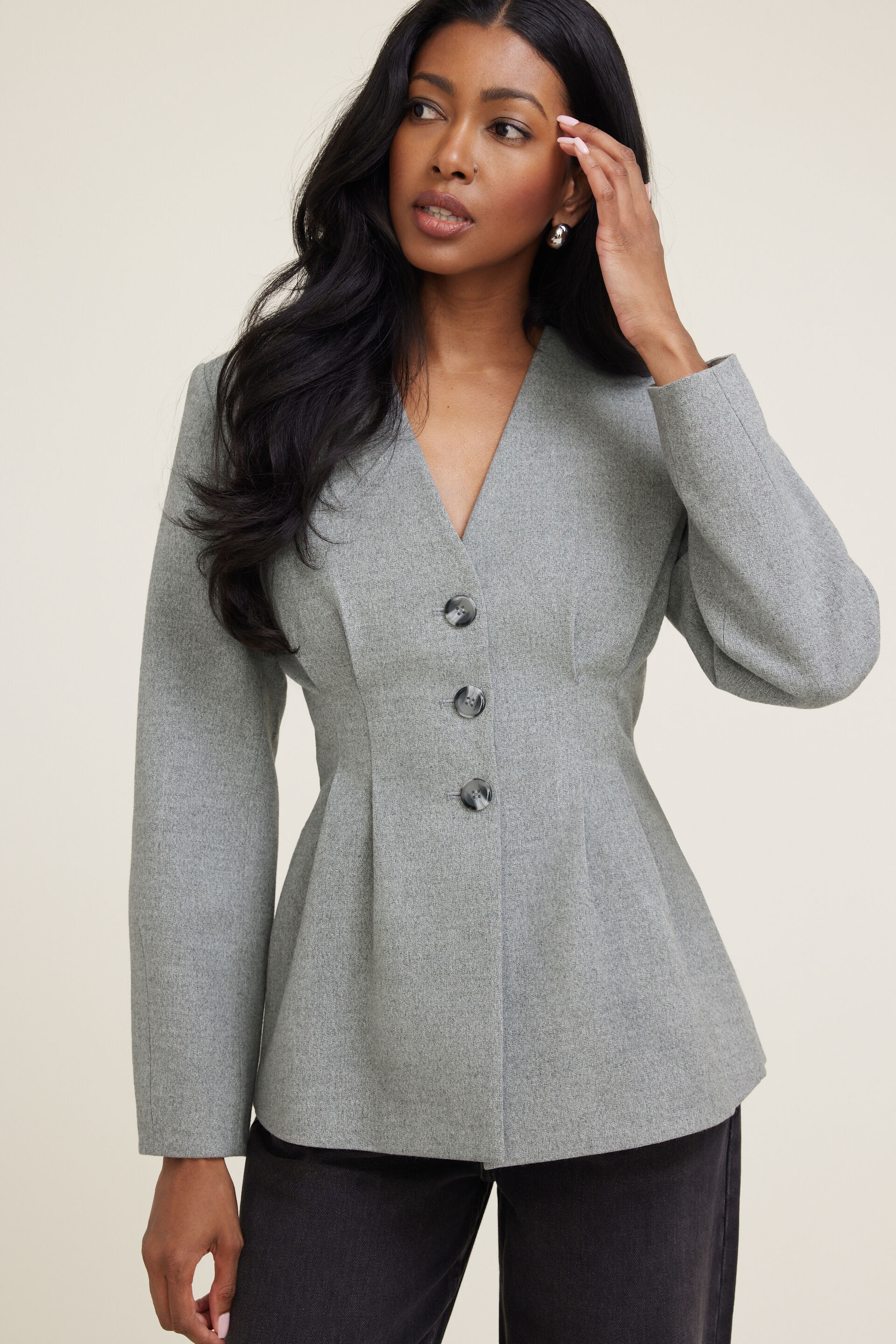 Pleated Collarless Flannel Blazer