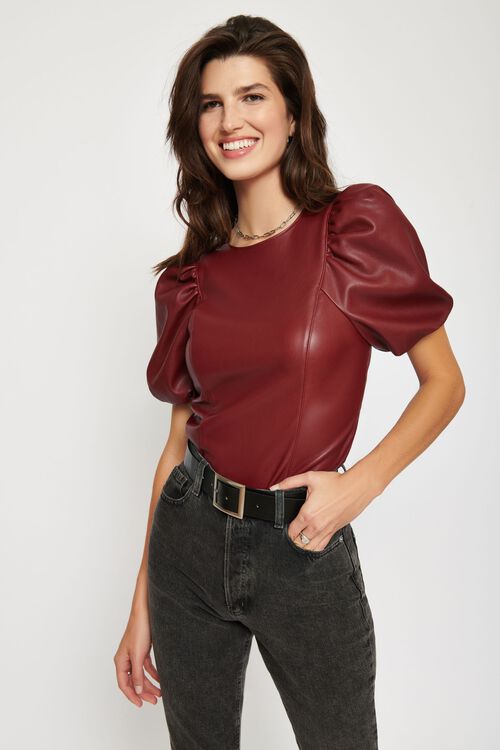 Liya Puff Sleeve Faux Leather Blouse Burgundy Dynamite