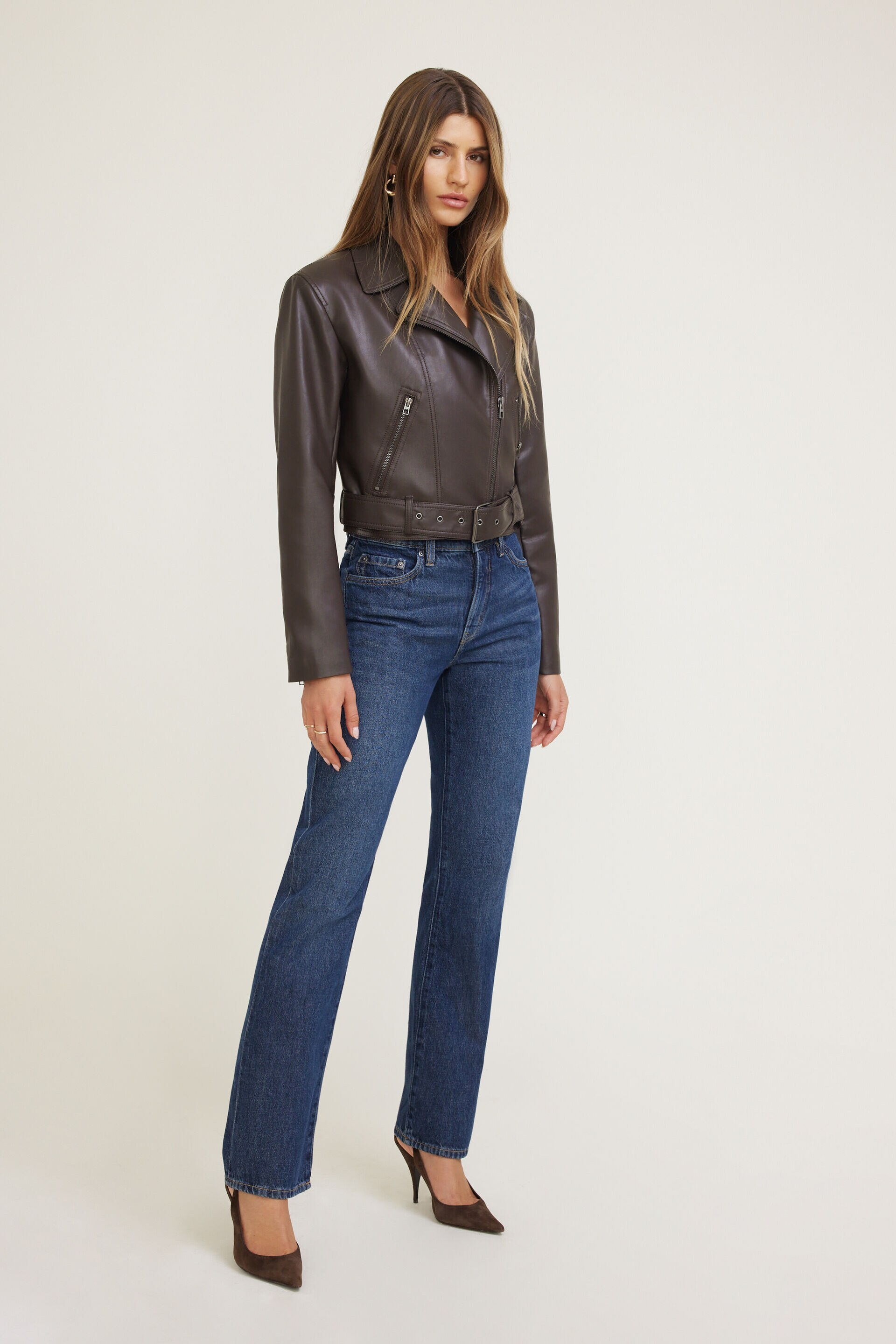 Blouson de moto en faux cuir avec ceinture