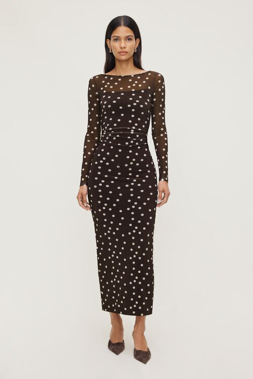 Polka Dot Mesh Maxi Dress Brown Dynamite