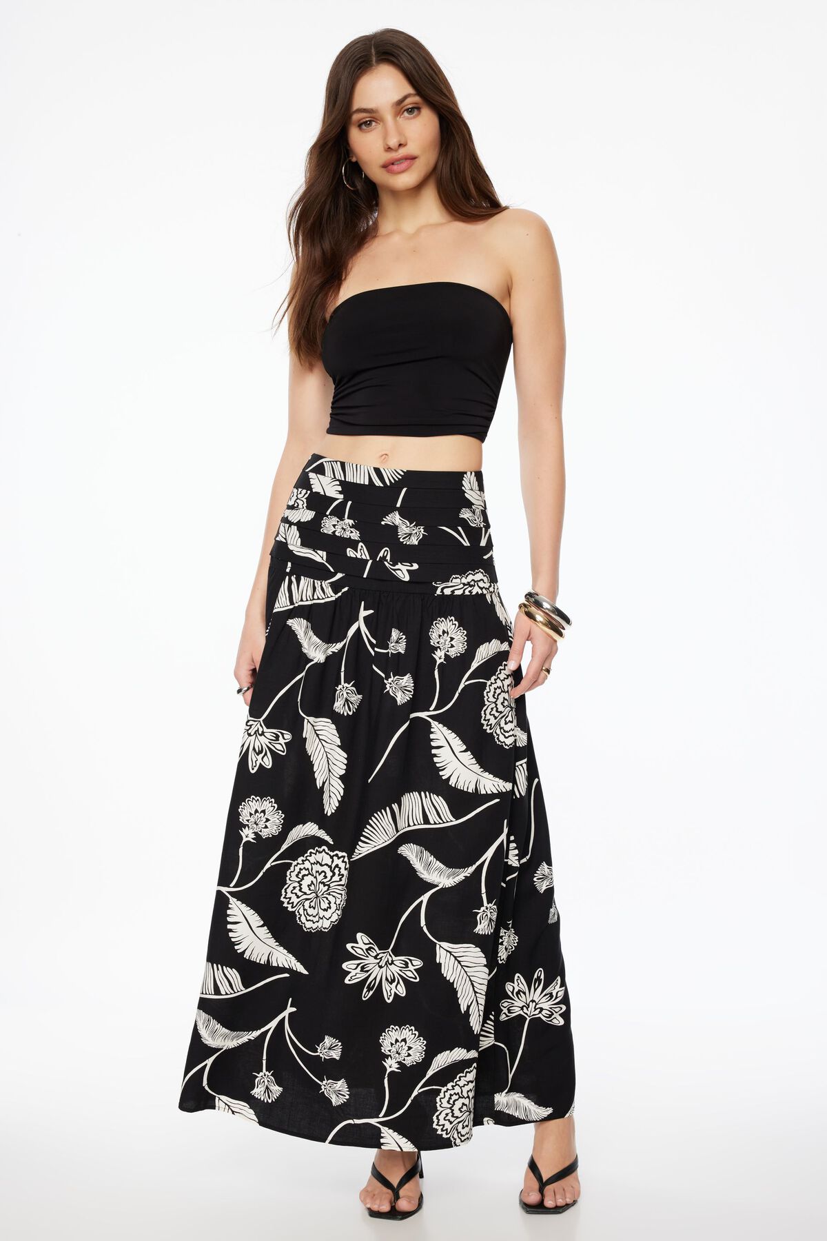 Drop Waist Linen Ankle Maxi Skirt Black Dynamite