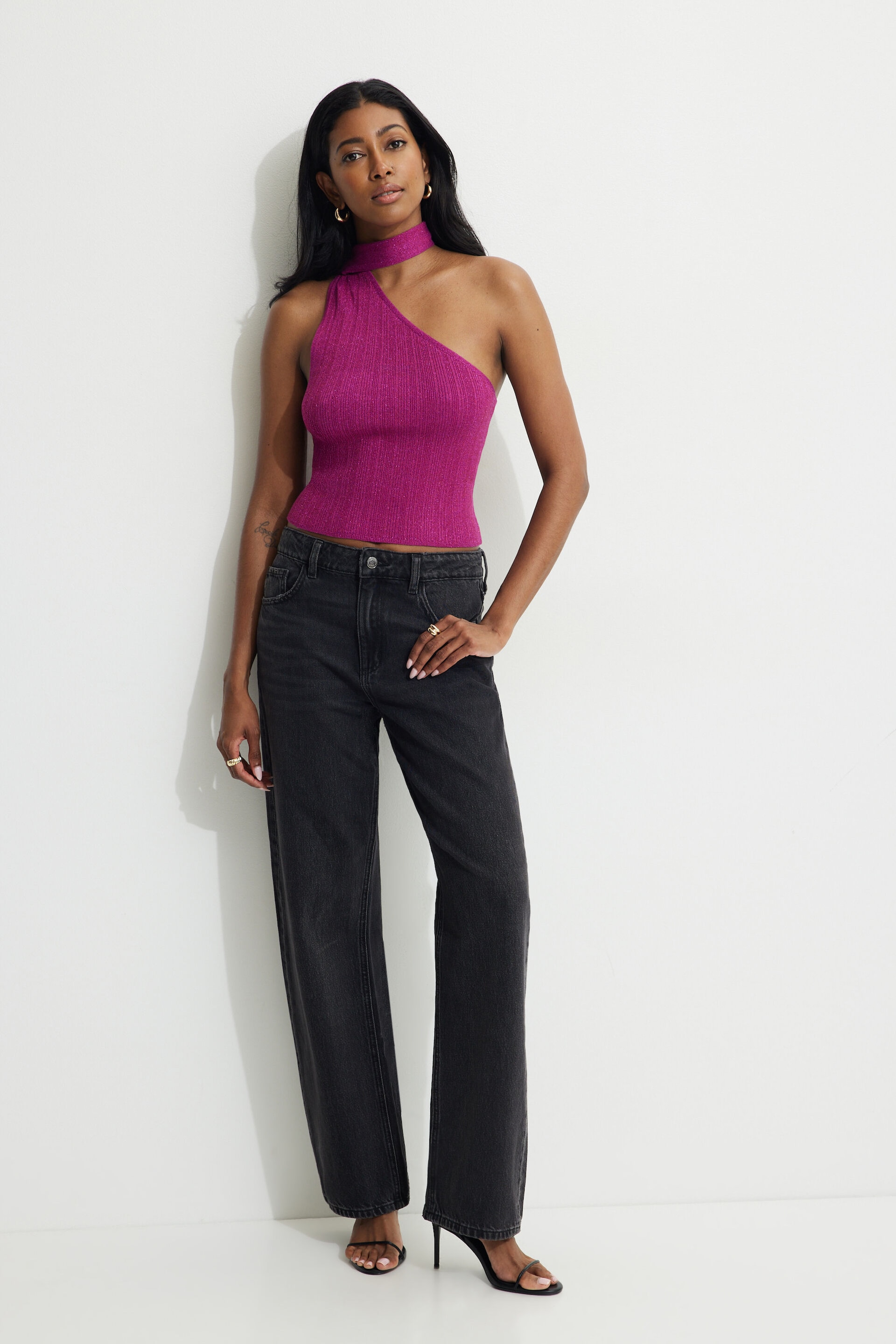 Ribbed Metallic Single Shoulder Scarf Top