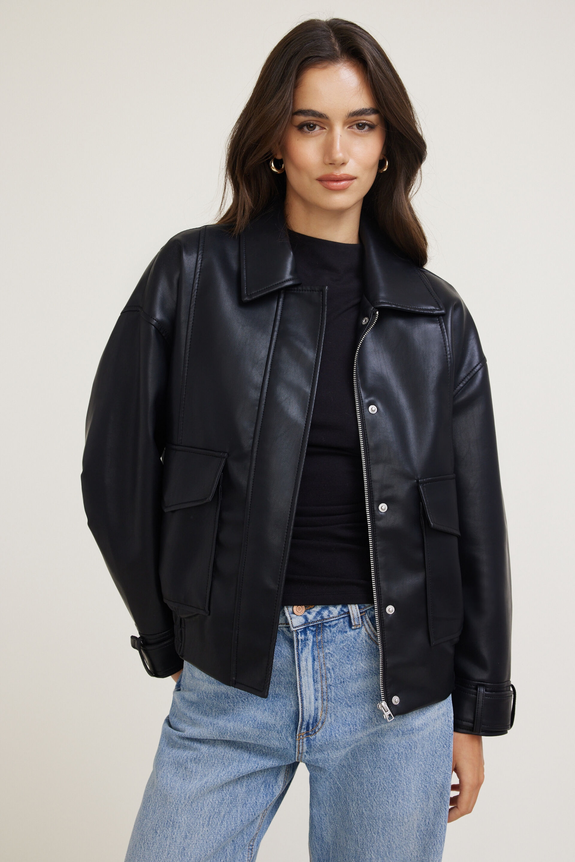 Oversized Faux Leather Aviator Jacket