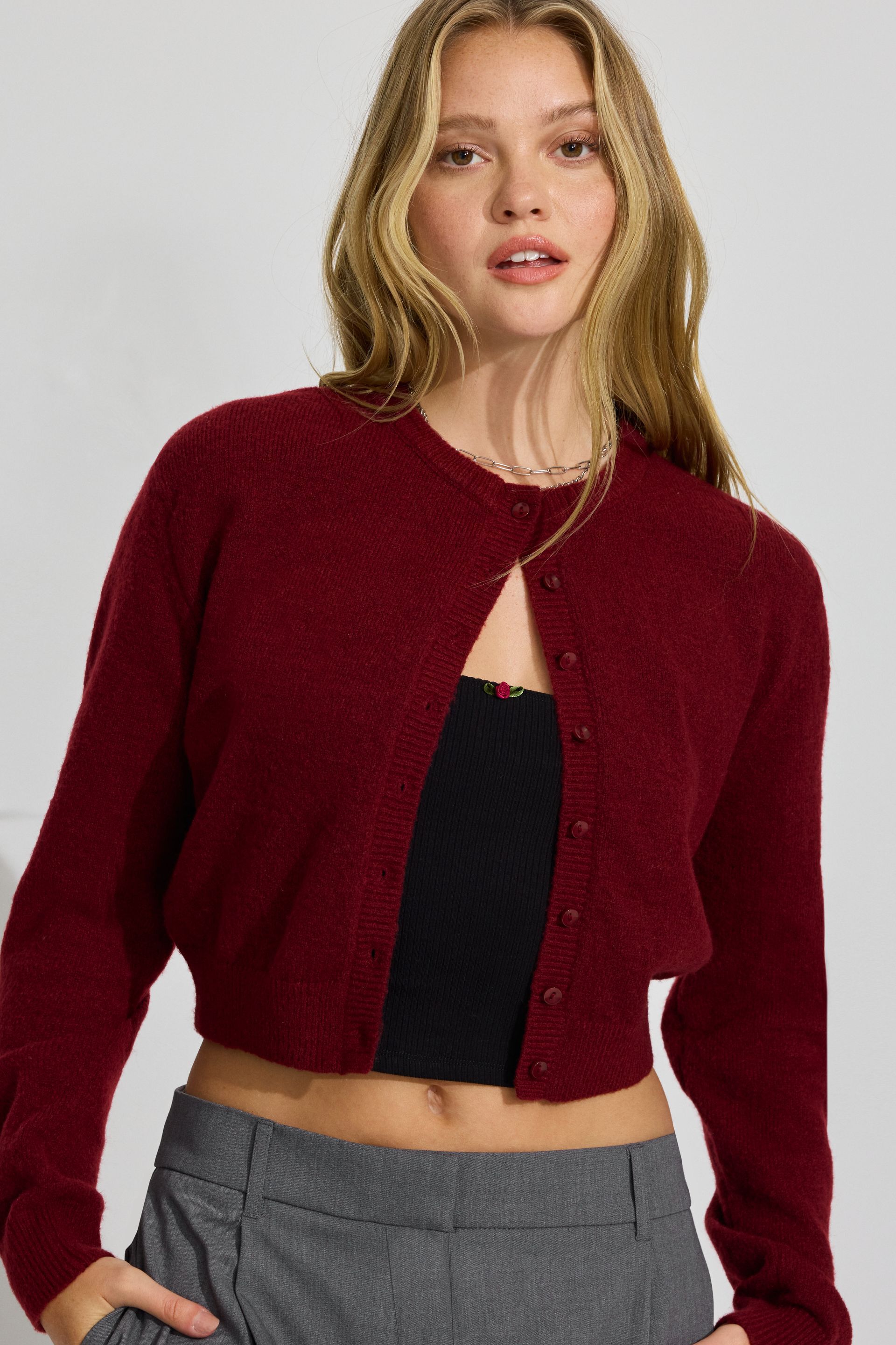 トップス andequal unique button cardigan red women-knitted-polyester-