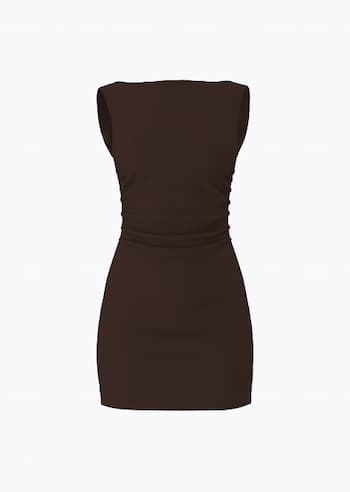 Brown shirred mini dress.