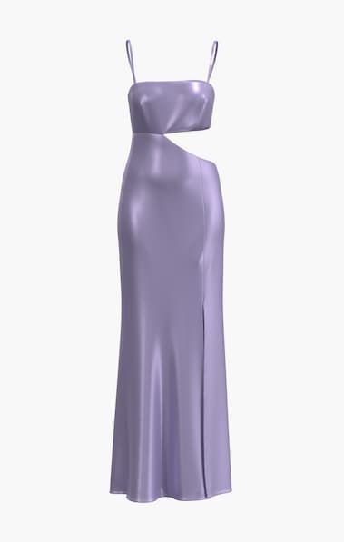 An influencer wears a purple satin strapless dress with a torso side cut-out.