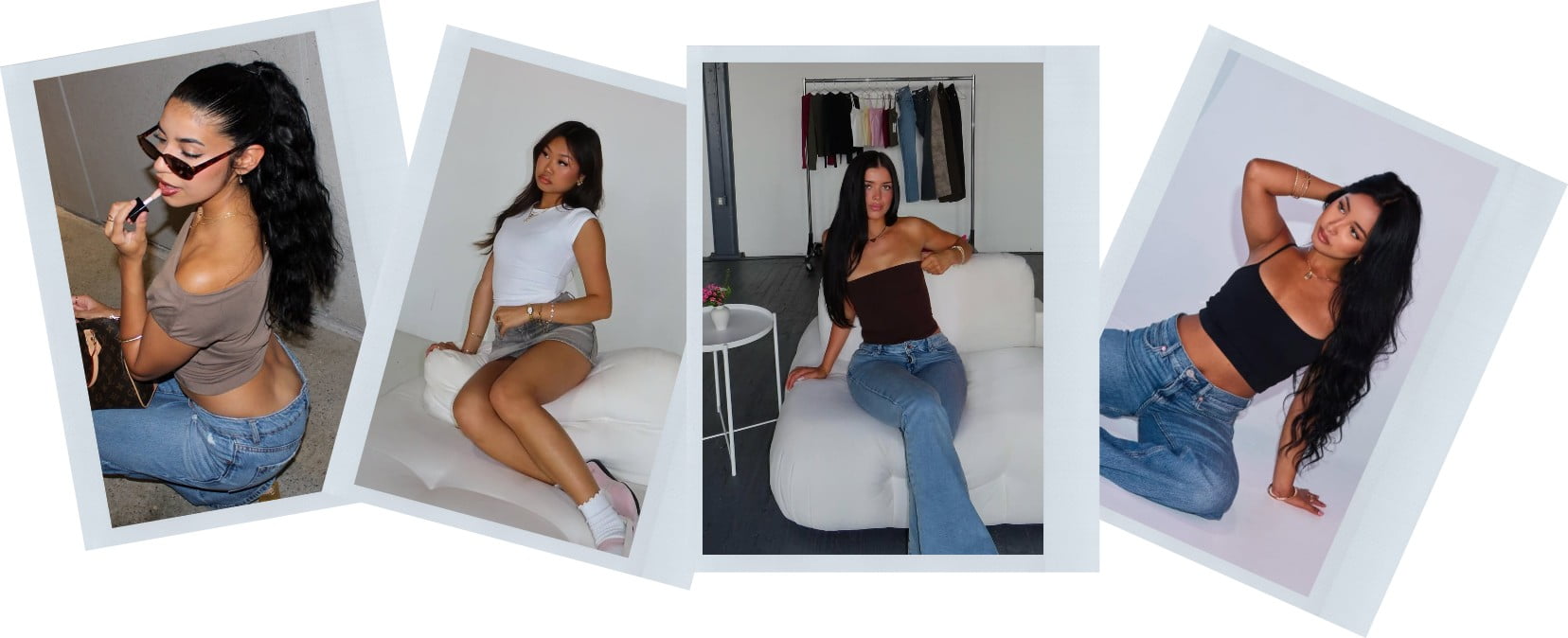 A photo collage of girls posing and wearing different outfits including basics and swimsuits from Garage.