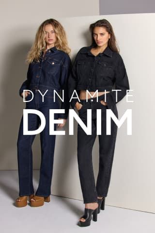 One model wears dark blue straight slim leg jeans with a matching denim jacket & the other model wears black slim straight leg jeans with a matching denim jacket.