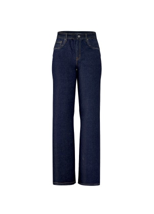 Jean indigo à taille haute et jambe large.