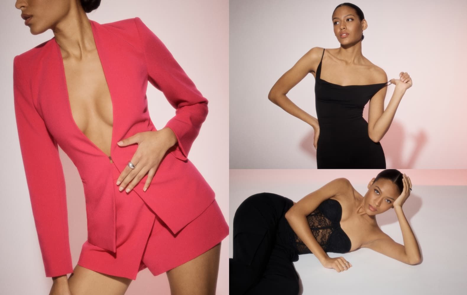 A collage of images showing a model wearing a red skort with a matching collarless blazer, a black midi sleeveless dress with a cowl neckline and a black lace midi bustier dress with a sweetheart neckline.