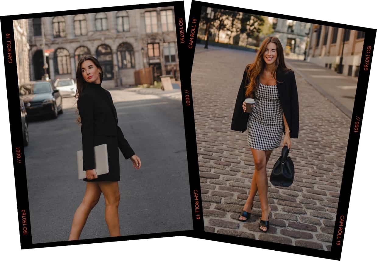 Image on the left shows Maude wearing a black turtleneck underneath a black blazer and black mini skirt. Image on the right shows Maude with a black and white houndstooth mini dress with a black blazer on her shoulders.