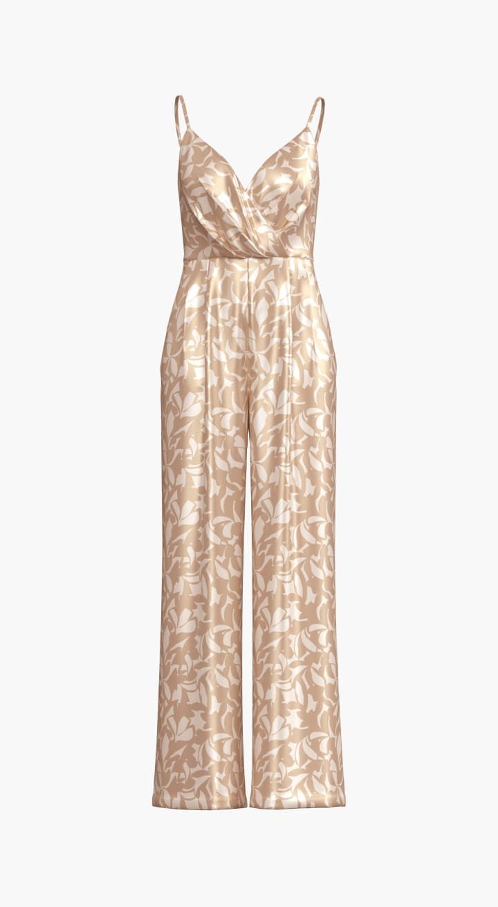 A beige and white sleeveless jumpsuit.