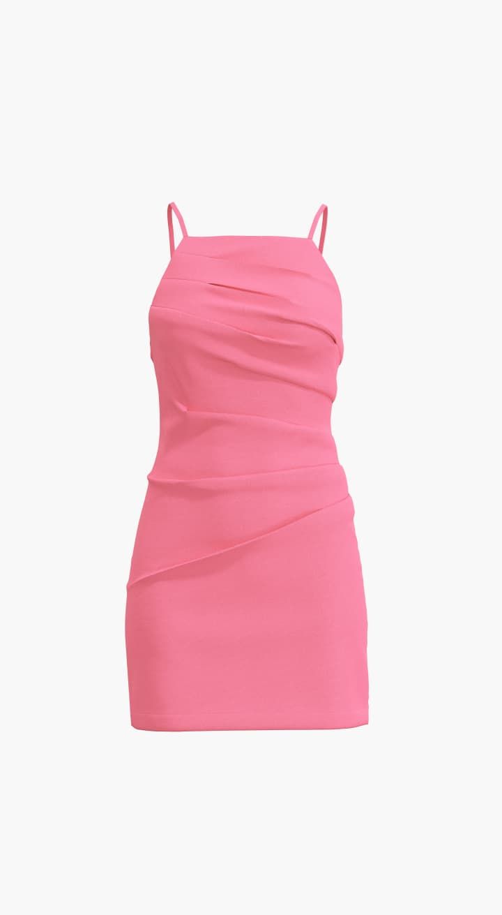 A pink ruched mini sleeveless dress.