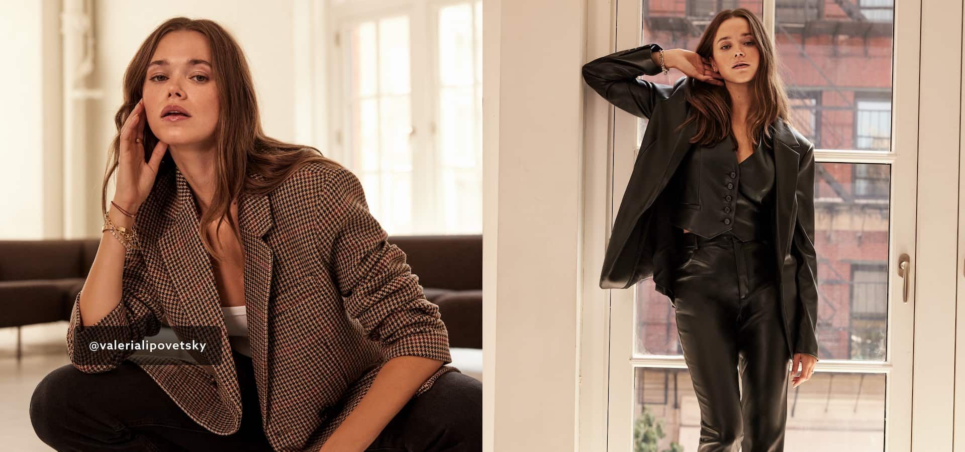 Left: A model wears a brown checkered blazer with black pants and a white tank top. Right: A model wears a black faux leather blazer with a black faux leather vest and matching pants.