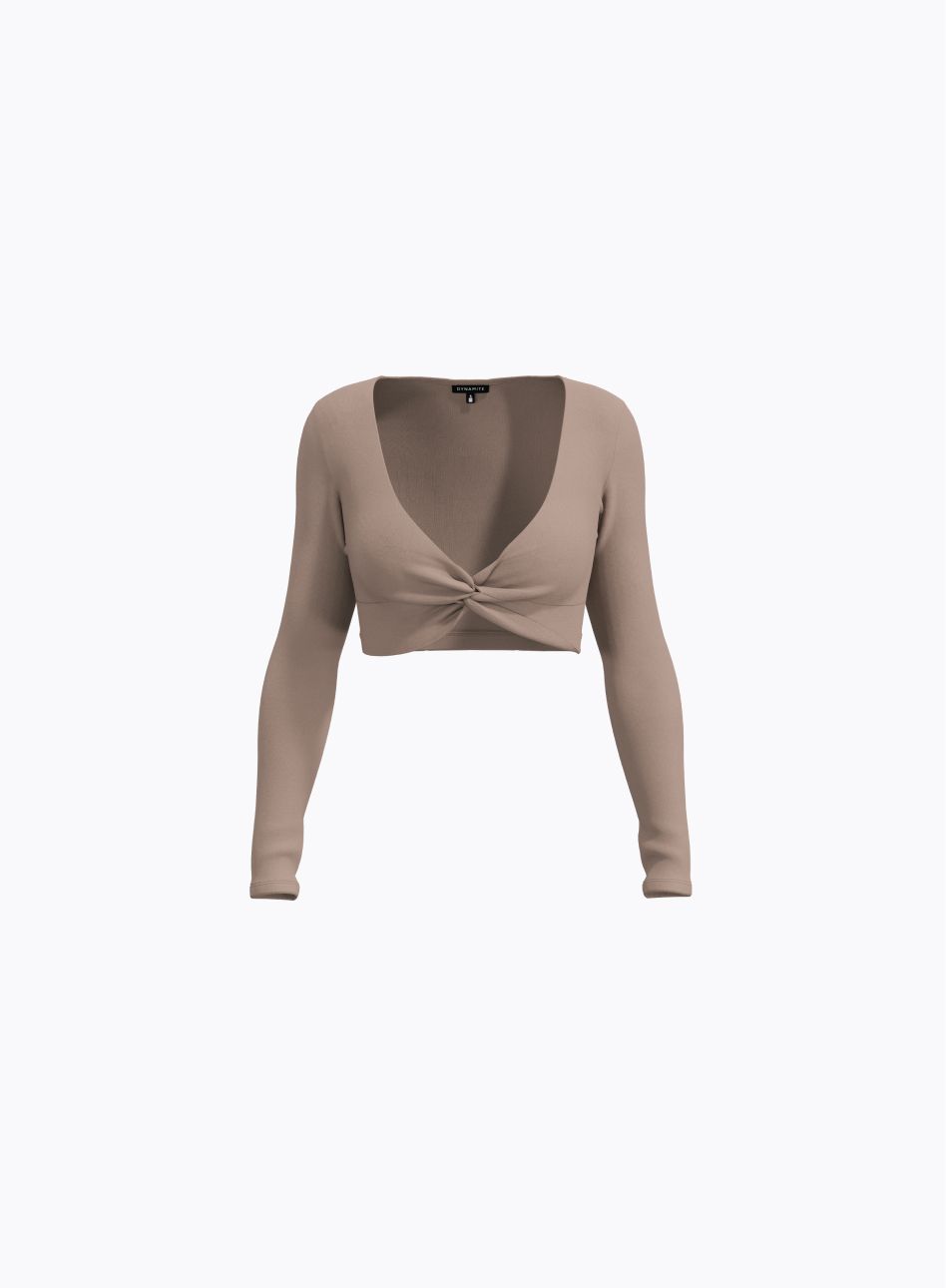 A brown v-neck long sleeve cropped top.