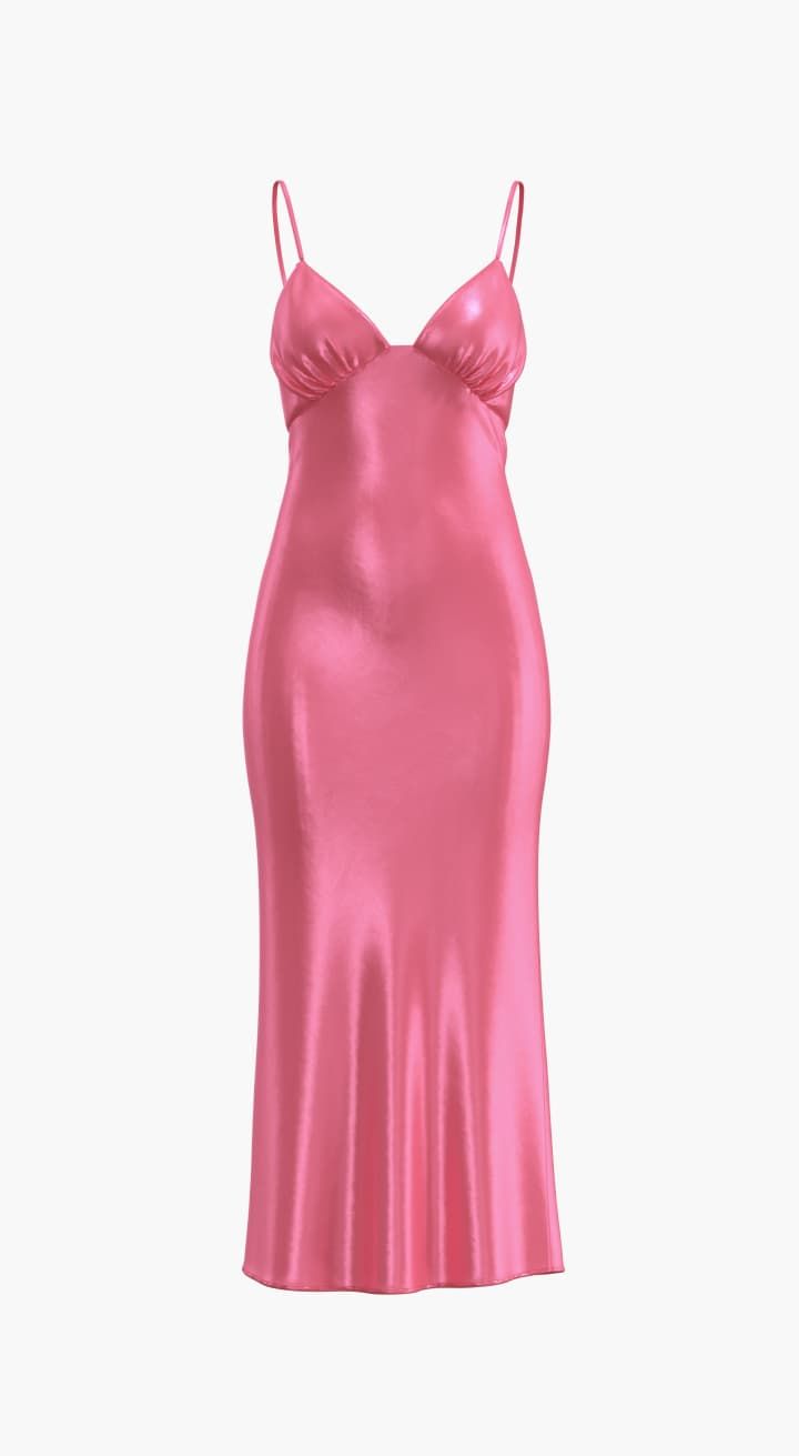 Une robe midi rose en satin sans manches.