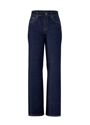Jean indigo à taille haute et jambe large.