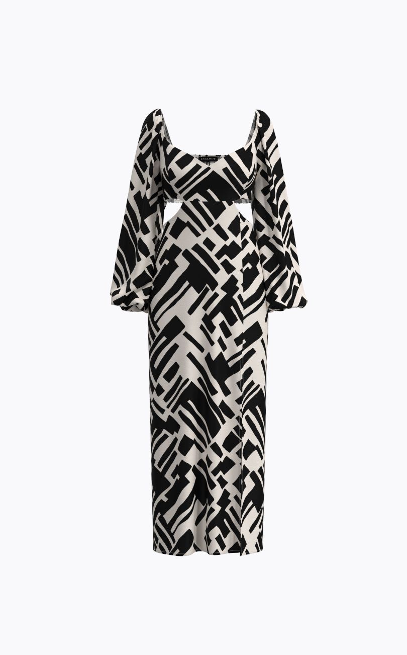 A black and white printed long sleeve maxi dress.