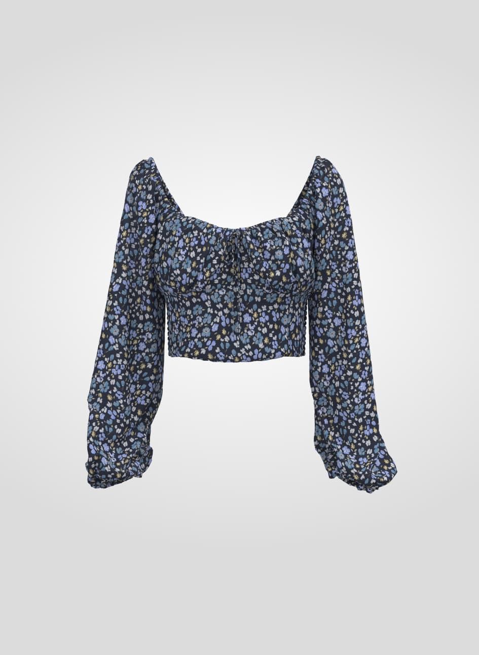 A blue long sleeve floral blouse.