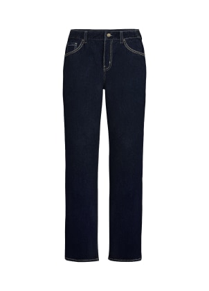Dark blue straight leg jeans.