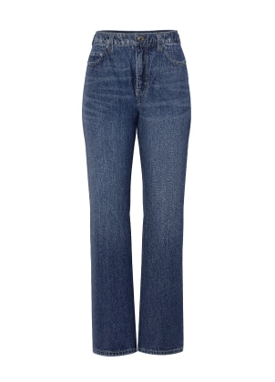 Dark blue straight leg jeans.