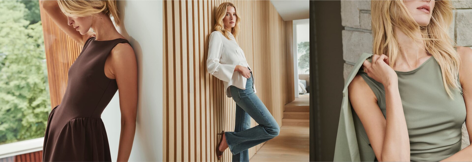 From left to right: Model on the left is wearing a brown fit and flare maxi dress. Model in the middle is wearing a white shirt and light blue jeans. Model on the right is wearing a green mini dress with a green blazer.