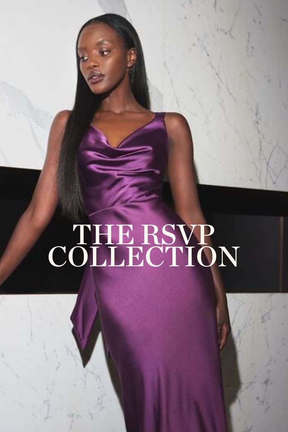 A model wear a maxi satin purple dress.