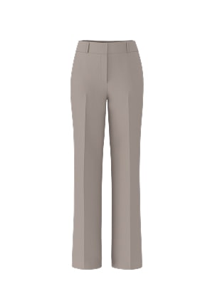 Beige pleated trousers.