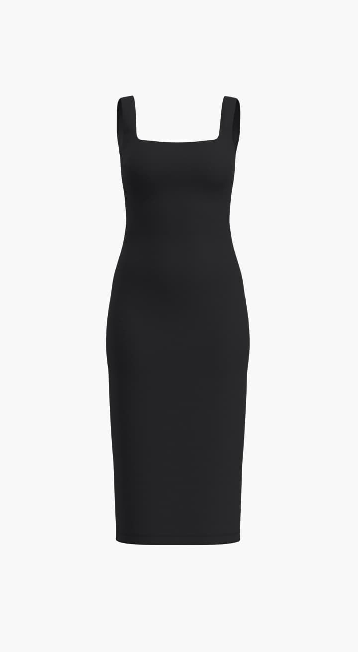 A black square neckline sleeveless midi dress.