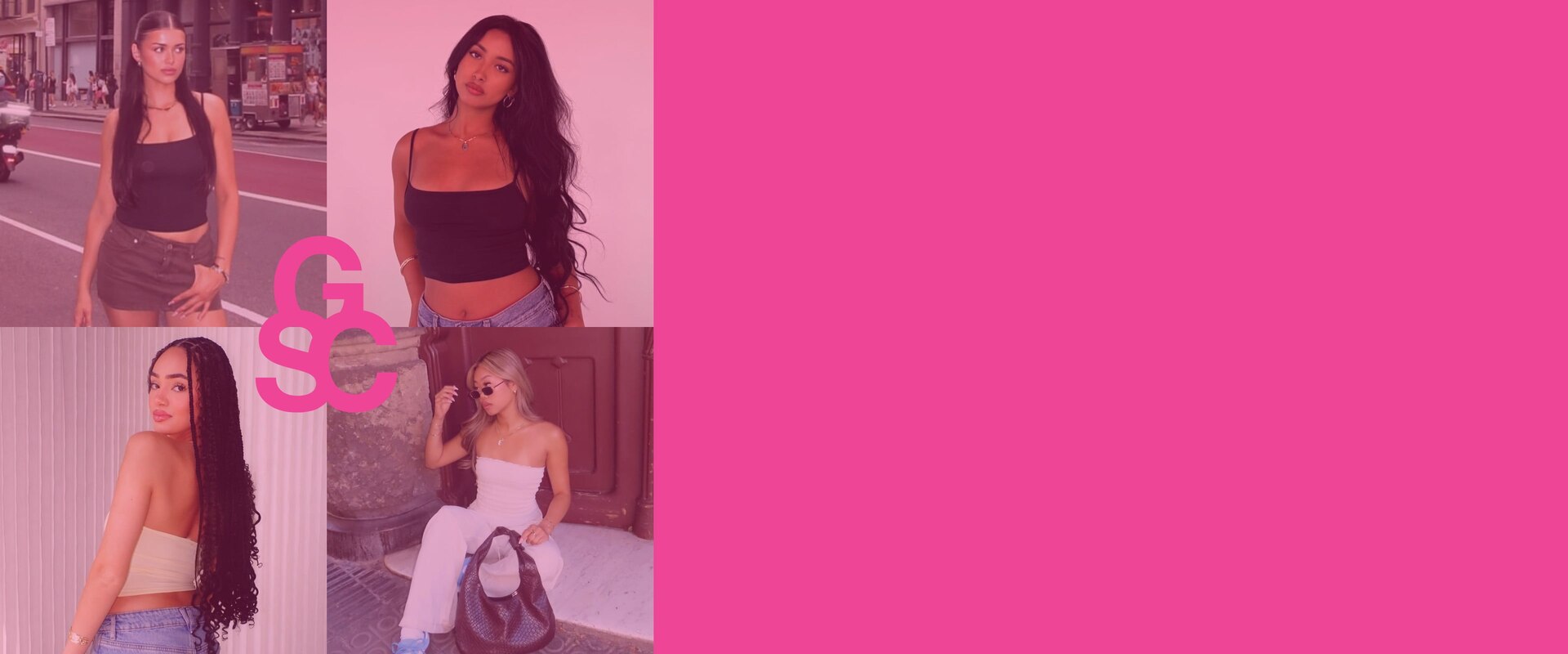 Two models pose, one in a white jacket, no top, and jeans, the other in a black leather jacket and white bodysuit.