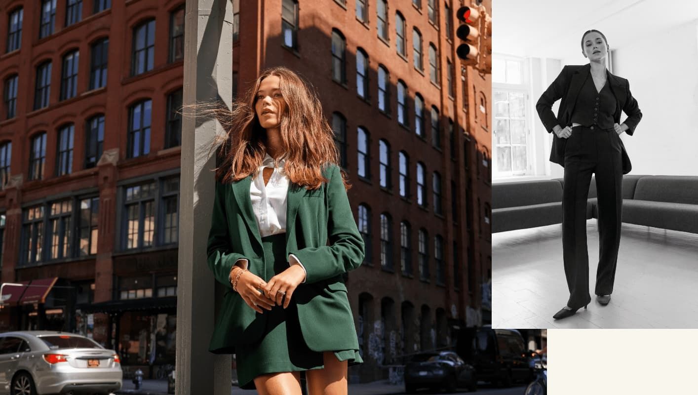 A model wears a green mini skirt with a matching green blazer and white button up shirt; A model wears a black three piece suit.