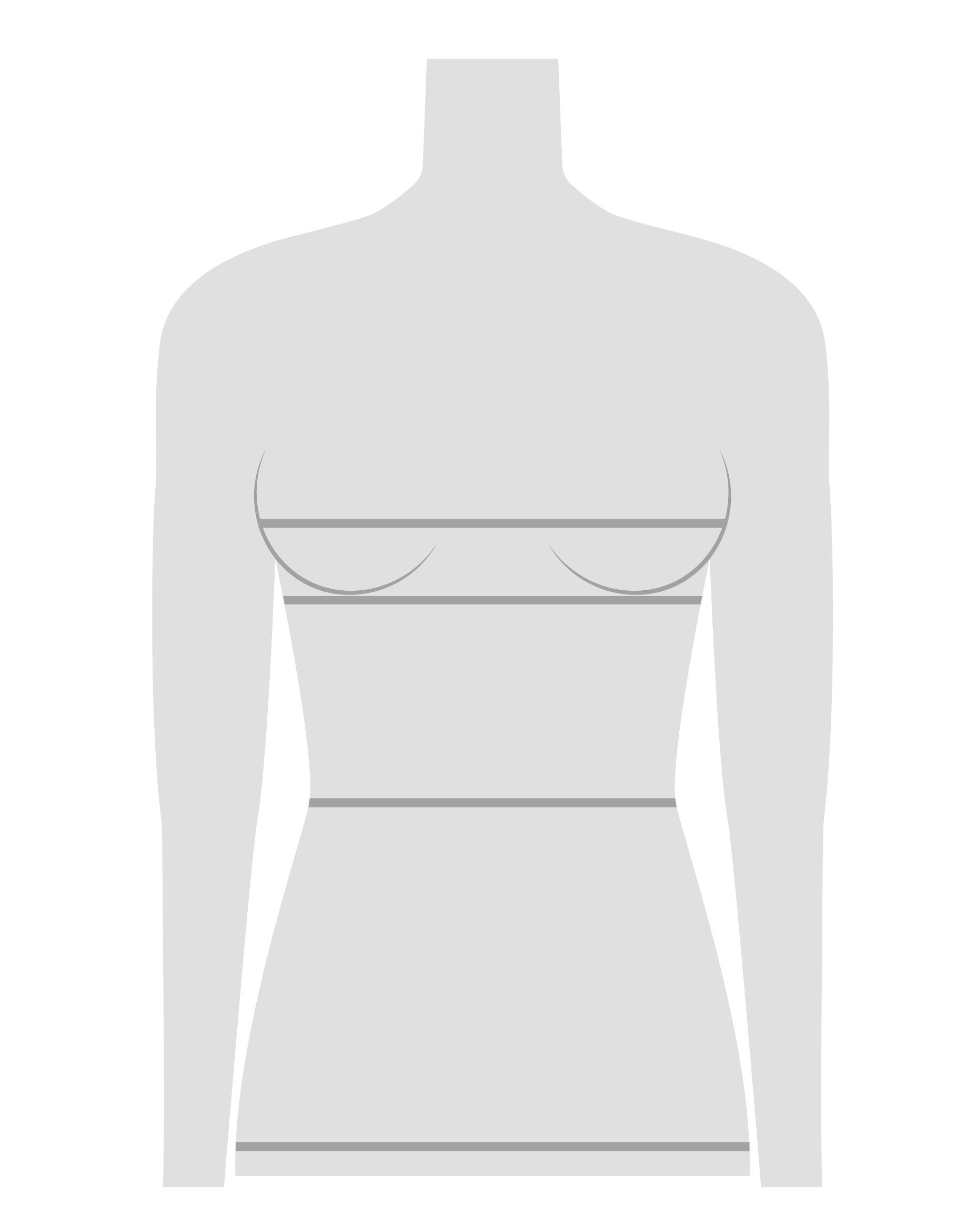 A silhouette of a mannequin with lines on the bust, waist, and hips indicating where to measure.