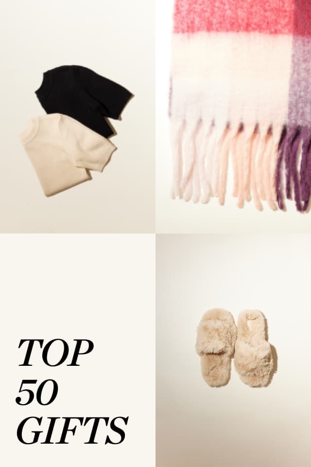 Flat shots of a beige & black shirt, a pink & beige plaid scarf, annd beige fuzzy slippers.