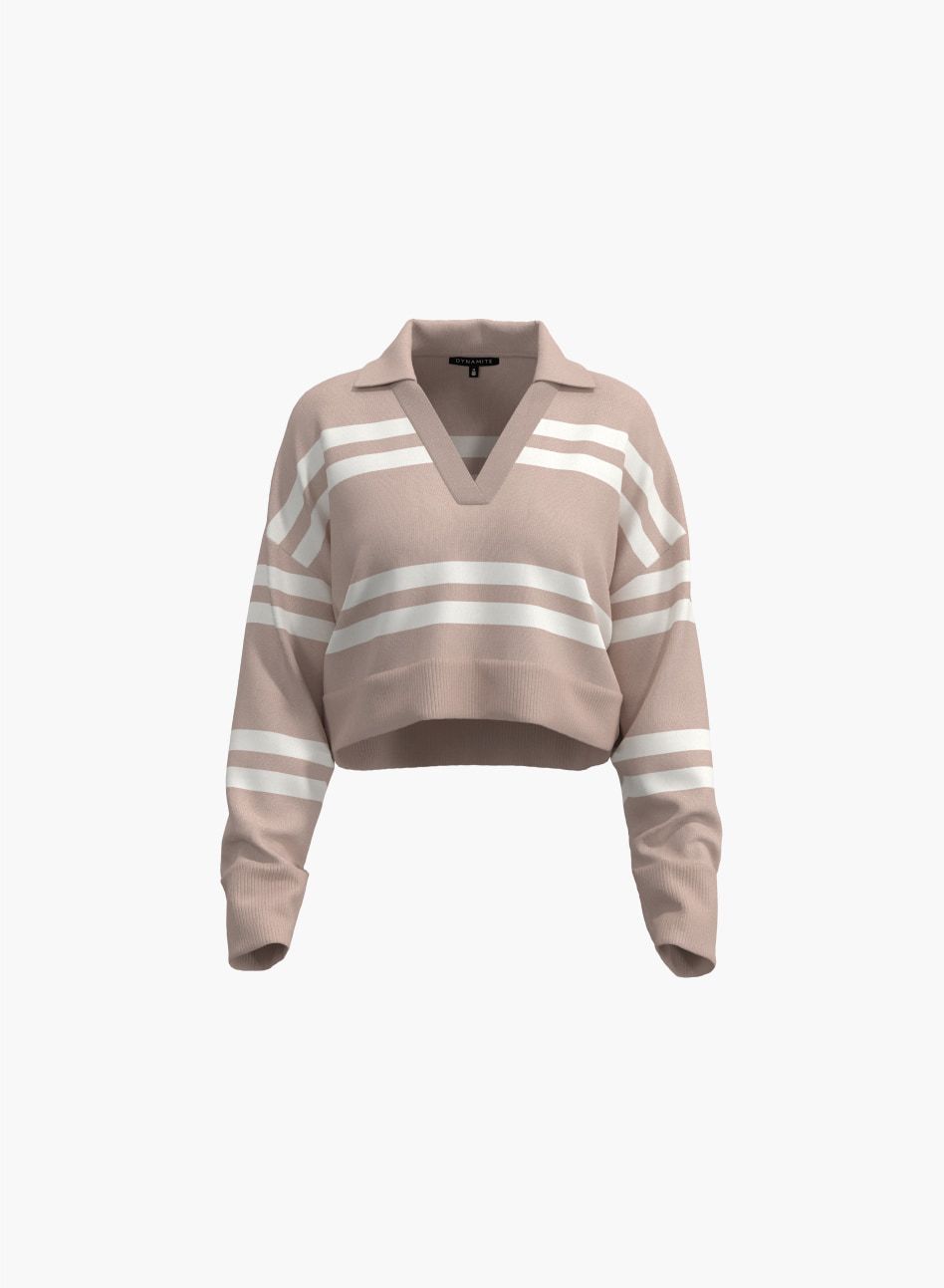 A cropped & striped beige polo sweater.