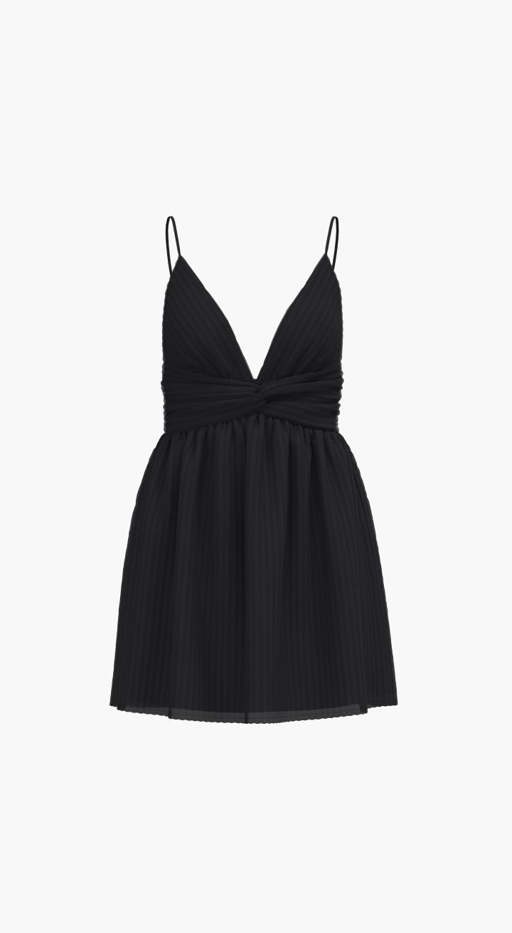 A sleeveless mini black dress.