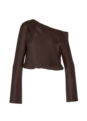 Burgundy off shoulder satin blouse.