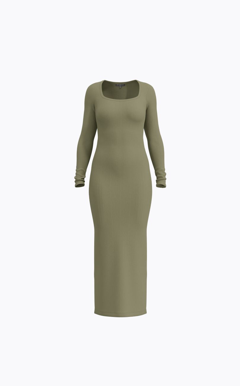 A maxi khaki green long sleeve dress.