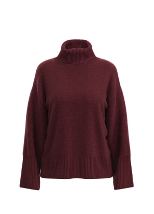 Burgundy turtleneck sweater.