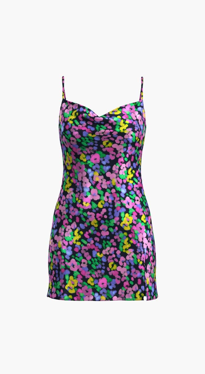 A colourful printed mini sleeveless slip dress.