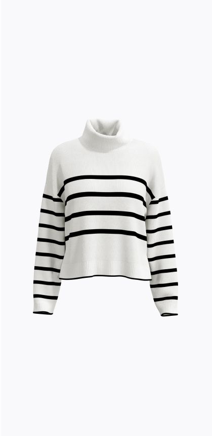 White and black striped turtleneck sweater.