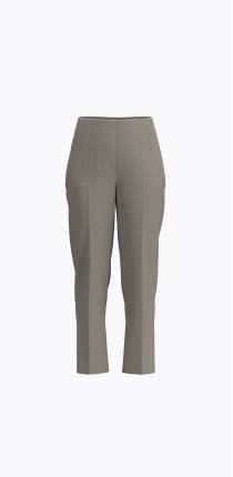 A pair of grey pleated pants with wide legs.